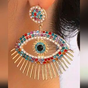 GOLD EVIL EYE MULTICOLOR GEM DANGLE EARRING 1 1/2 IN